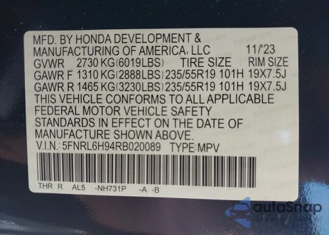 2024 Honda Odyssey Elite z USA, uszkodzony, nr VIN 5FNRL6H94RB020089